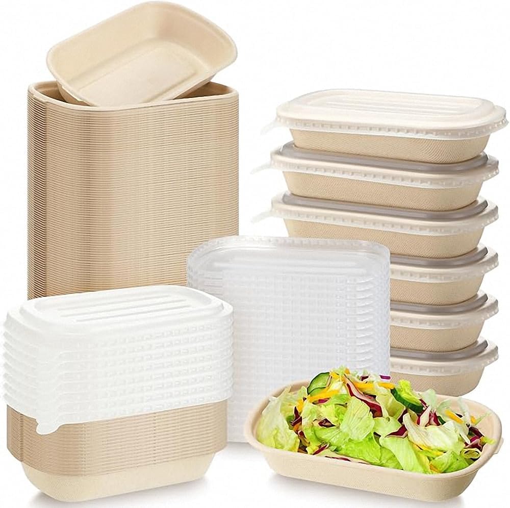 50-Pack Biodegradable Eco-Friendly Food Containers (with/without PET Lids) - Sustainable Paper Lunch Boxes To-Go - Disposable Fruit Salad Boxes for Travel, Picnics & Parties
