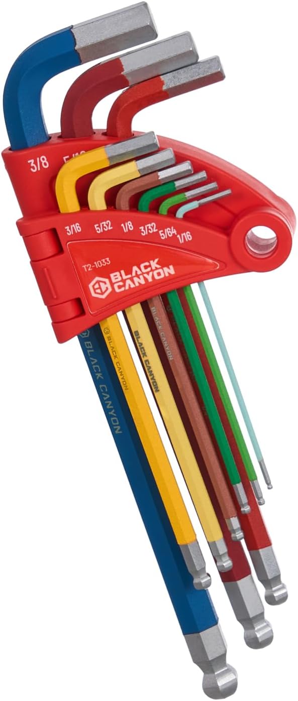 BLACK CANYON Hex Key Set, 9 pcs SAE Allen Key, Ball End, 1/16 in-3/8 in, Color-Coded Handle, Chrome, High Torque Steel, L-Shape Design, for Automotive Industry, Mechanics, Electrical Equipment