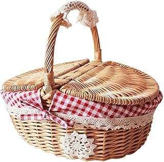 Panier de Panier de Pique-Nique en Osier avec poignée et Doubles couvercles à la Main tissé Saule Camping conteneur de Stockage des Aliments Panier rétro Panier à provisions