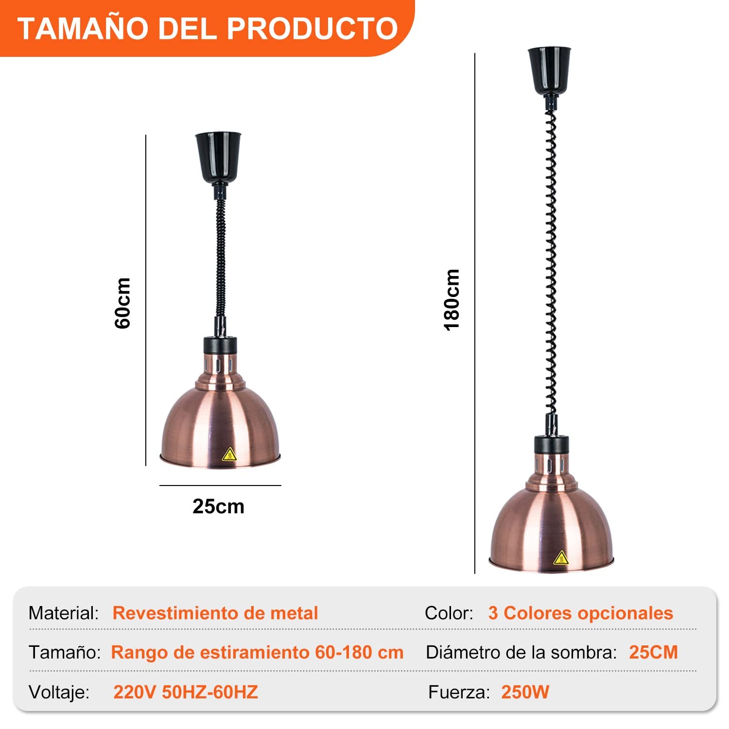 Lámpara de Calor de Alimentos, Lámparas de Calentamiento de Alimentos Comerciales 250W, Calentador de Alimentos Lámpara para Catering Buffet Extensible(B-25cm, 3 Piezas)