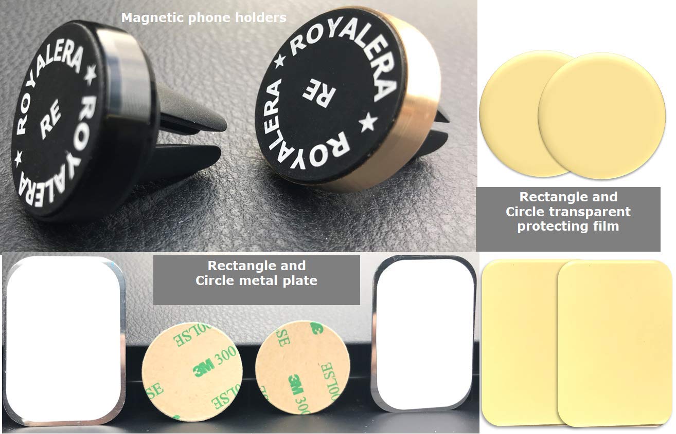 Universal Air Vent Magnetic Car Magnetic Phone Holder, Pack of 2 Holders (Black and Gold),For Cell Phone and Mini Tablets with 4 Metal Plates, Strong Magnet with Fast Hand-Free snap For iPhone Android