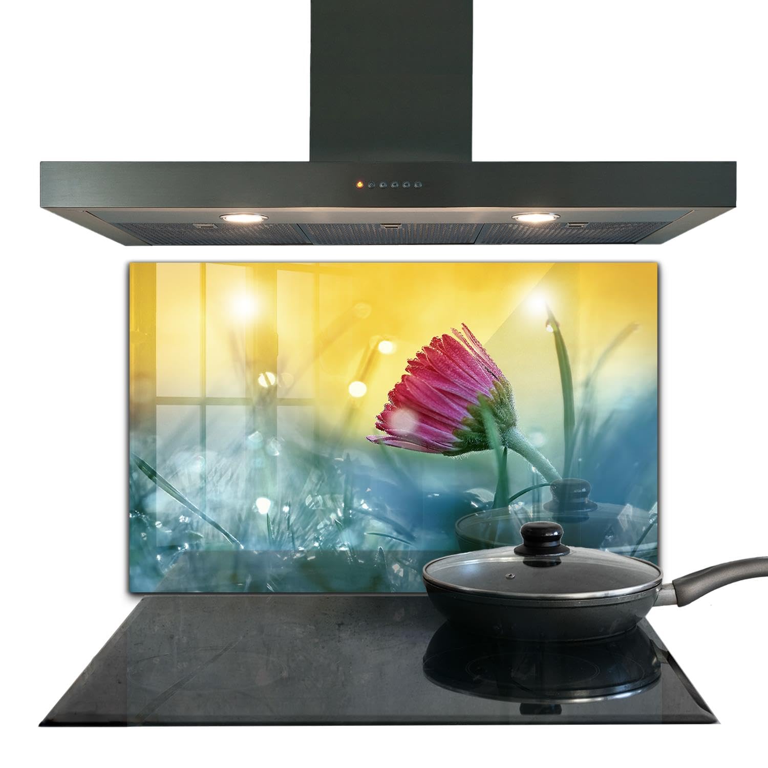 Panneau de cuisine Wallfluent 100x70 cm en verre trempé avec motif de Marguerite