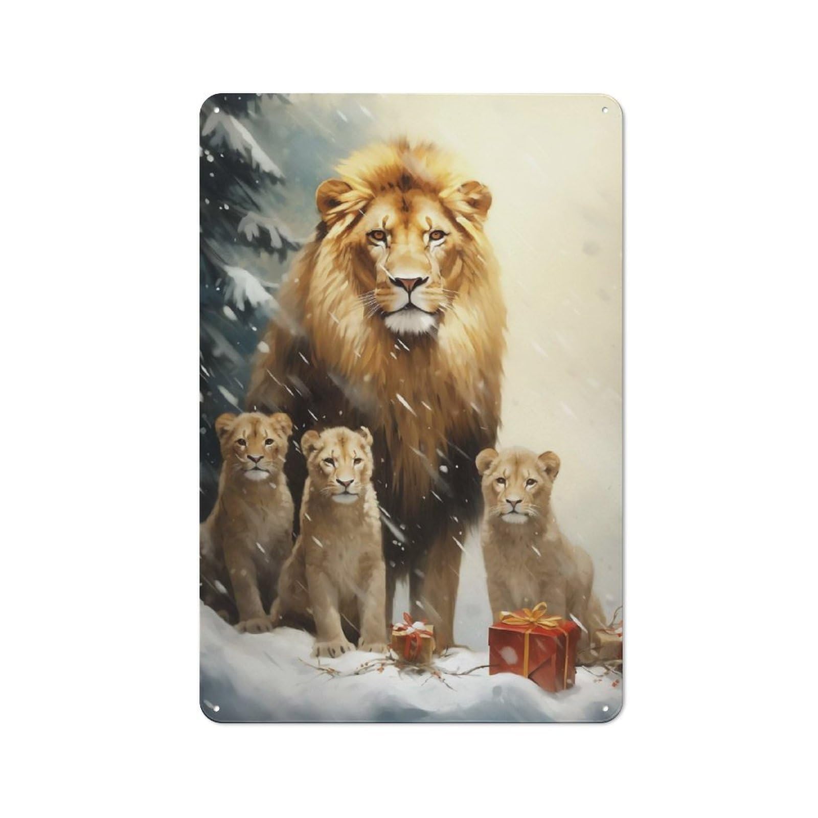 Junmoney Cute Lion Family Xmas Metal Plaque 30X20cm With For Garage Wall, Vintage Decor, Autumn Home Decor For Collectors Of Metal Signs