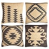 JAIPUR KILIM RUGS Set of 4 Geometric Wool Jute Square Throw Pillow Covers -Decorative 18 x 18 Inches Multicolour Cushion Covers Perfect for Sofa/Couch/Bed/Home/Outdoor/Car (Multicolour - 10)