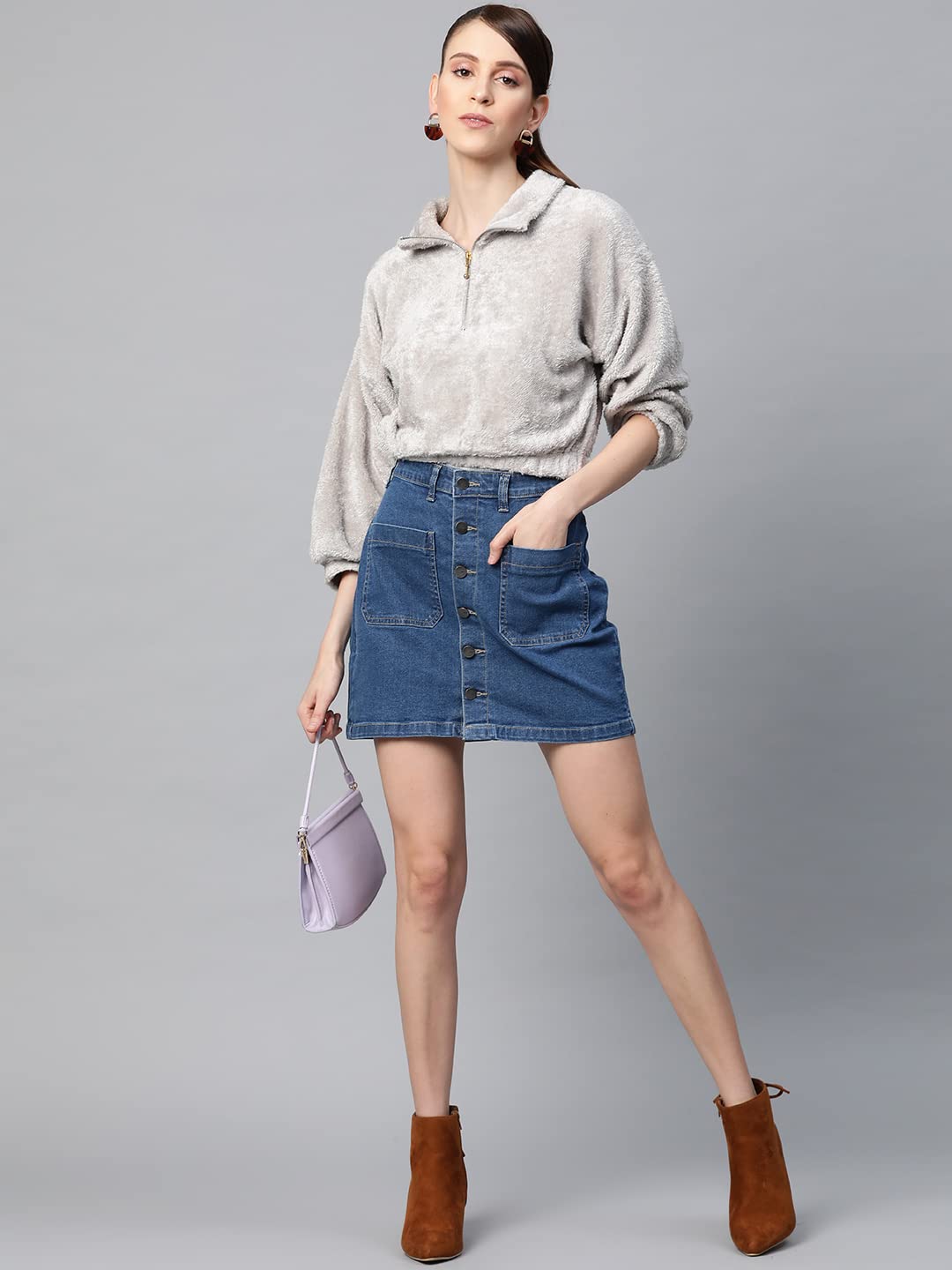 SASSAFRAS Grey Zip Front Faux Fur Crop Sweatshirt 2