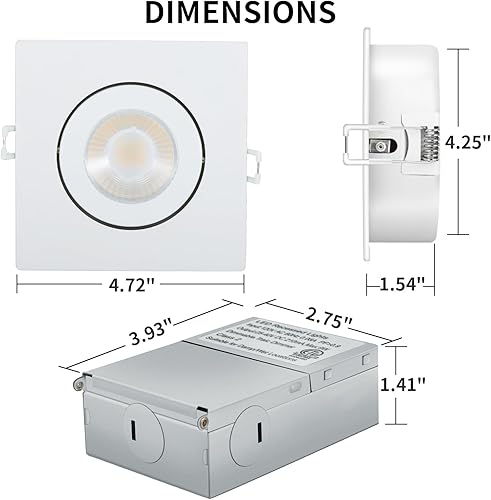 Miniatura 2 de Knllnny Ware - Iluminación empotrable cuadrada de 4 pulgadas, paquete de 6 unidades, luces LED cardán con caja de conexiones, 5CCT seleccionable, 9W