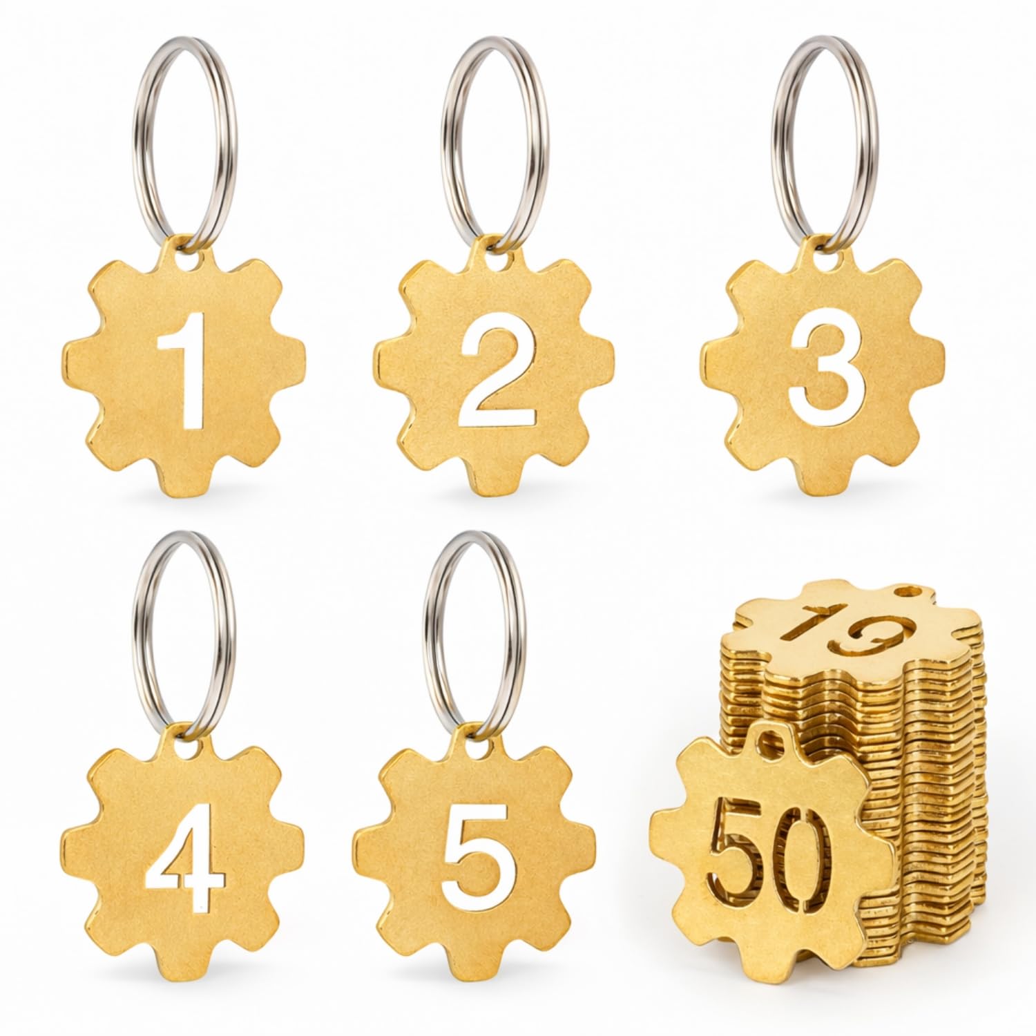 Porte-clés en forme d'engrenage en laiton avec anneau, numéro d'identification creux, porte-clés numéroté – Chiffres de 1 à 40