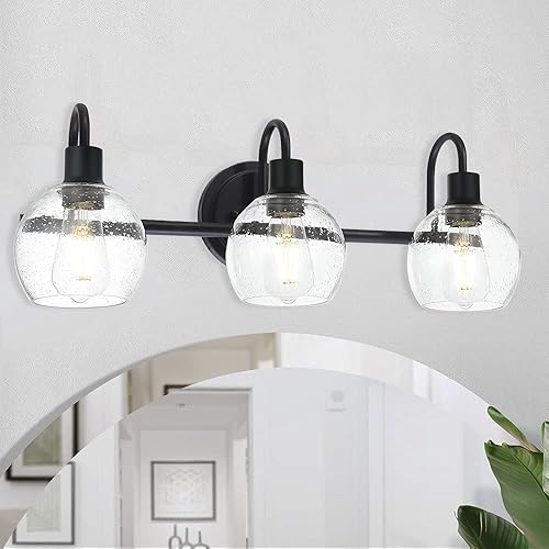 Miniatura 2 de Moderna lámpara negra de 3 luces para tocador de casa de campo, de metal, con cristal de globo sembrado para pasillo, cocina, sobre espejo y