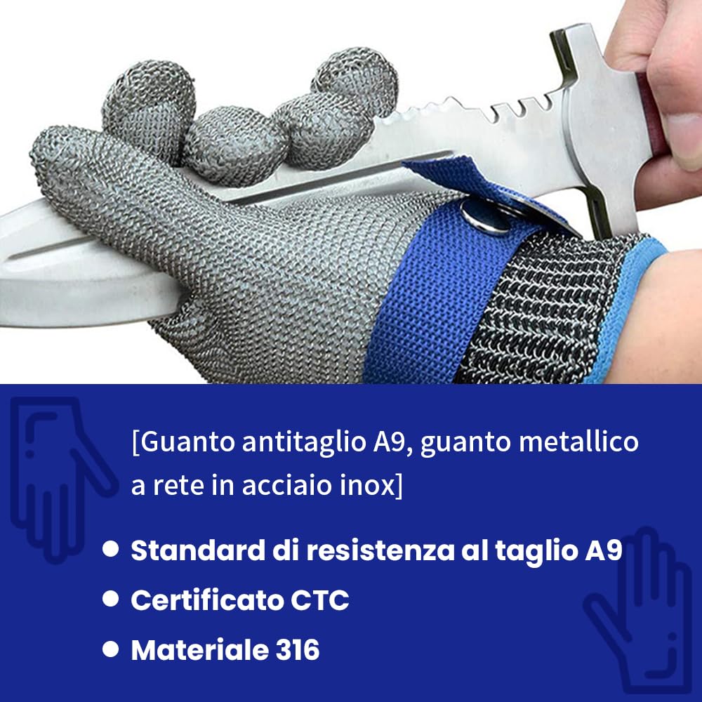 A9 Gant résistant aux coupures, gant métallique en acier inoxydable, anti-coupure pour la cuisine, le travail industriel, l'écaillage des huîtres, la sculpture sur bois, le jardinage(L 1Pcs)