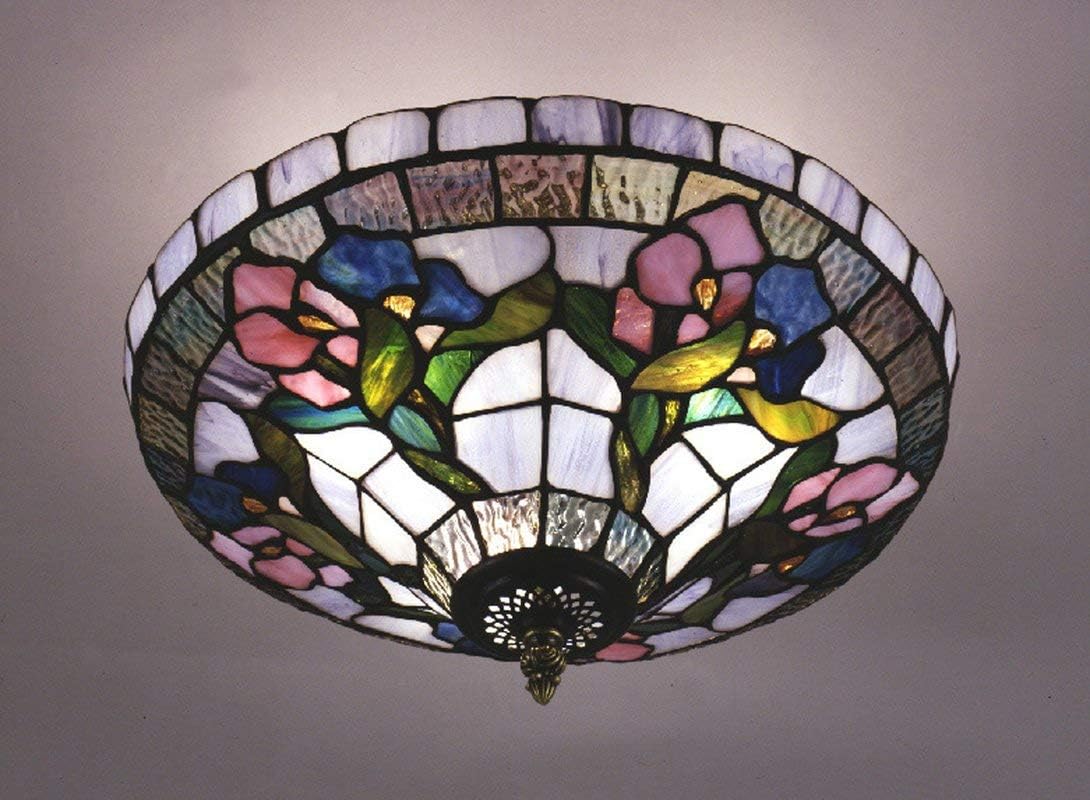 Featured Product Dale Tiffany 7096/3LTF Hollyhock Flush Mount Light, Antique Brass and Art Glass Shade