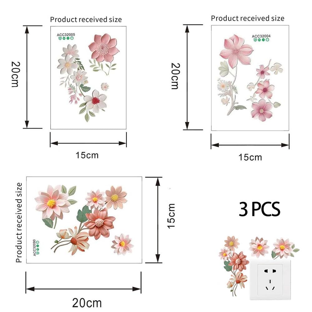 3 Pièces Interrupteu Décoratif Stickers Floral Autocollant en PVC Décoration Murale en Forme de Fleur pour Salon Chambre Salle Bains Cuisine Bureau