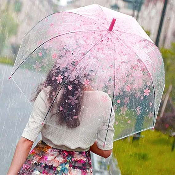 Clear Cherry Blossoms Umbrella,Clear J Hook Handle Stick Umbrella,Transparent Umbrellas Wedding,Pink Bubble Umbrellas for Kids and women