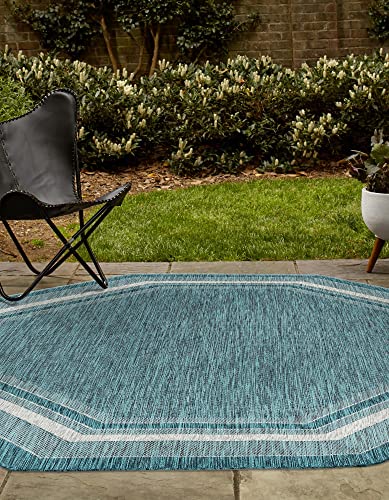 Rugs.com Outdoor Border Collection Rug – 5' Octagon Teal Flatweave Rug Perfect For Living Rooms, Kitchens, Entryways #TOP2