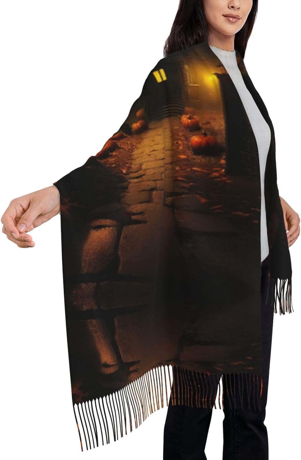 Elegant Scary Halloween Print Tassel Scarf, Warm Winter Accessory,77.6" X 28.3" Faux Cashmere Scarf