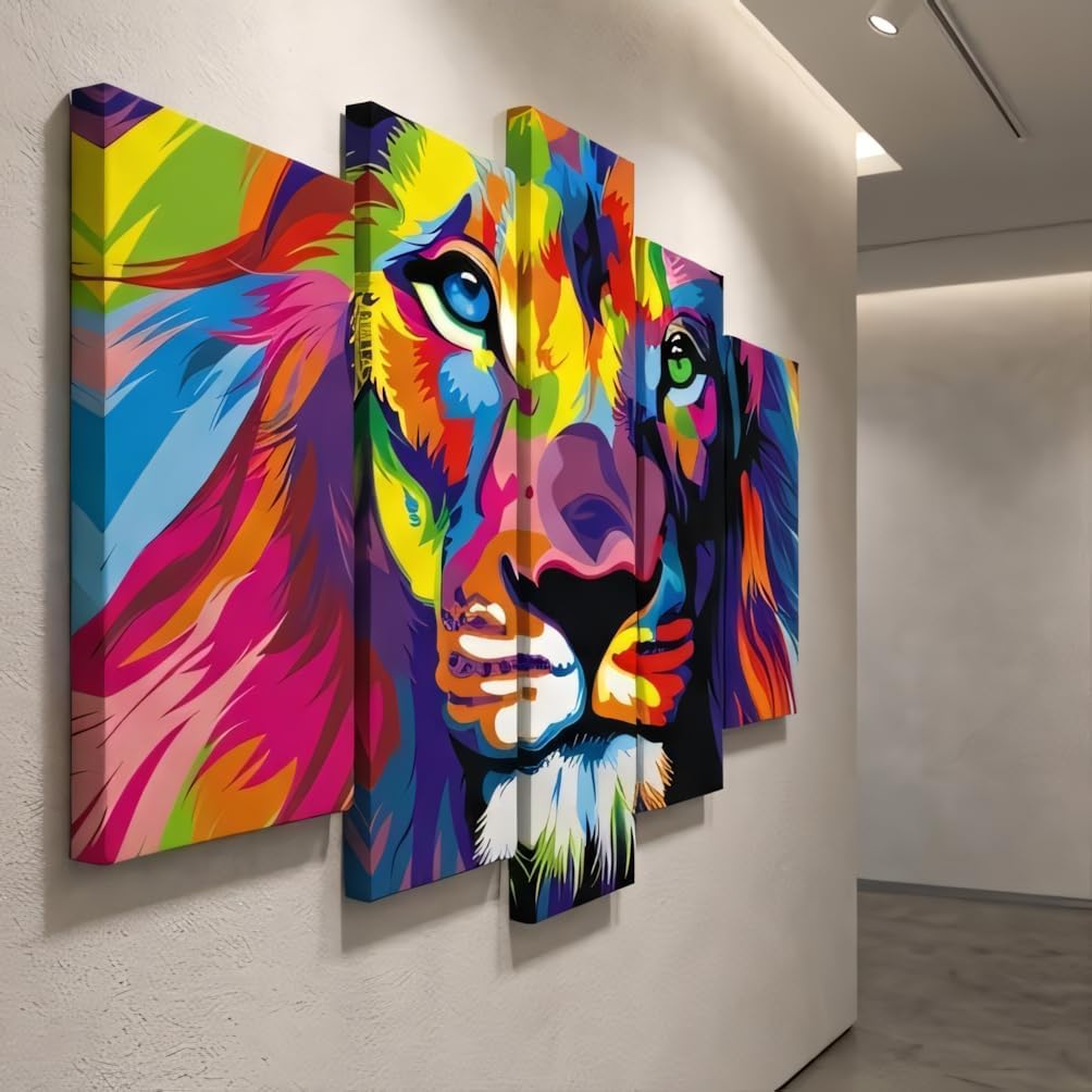 NAN Wind 5Pcs Vibrant Rainbow Lion Pop Art Canvas Wall Art Print Neon Colorful Face Modern Psychedelic Animal Portrait Pictures for Living Room Bedroom Office Decor Wildlife Artwork Ready to Hang(10X16inchX2pcs,8X20inchX2pcs,8X24inchX1pcs, Lion)