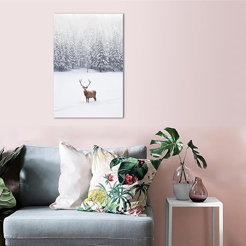Miniatura 6 de Lienzo decorativo navideño de renos, arte de pared de ciervos, imágenes de alce, bosque nevado de invierno, arte escénico de naturaleza, póster de
