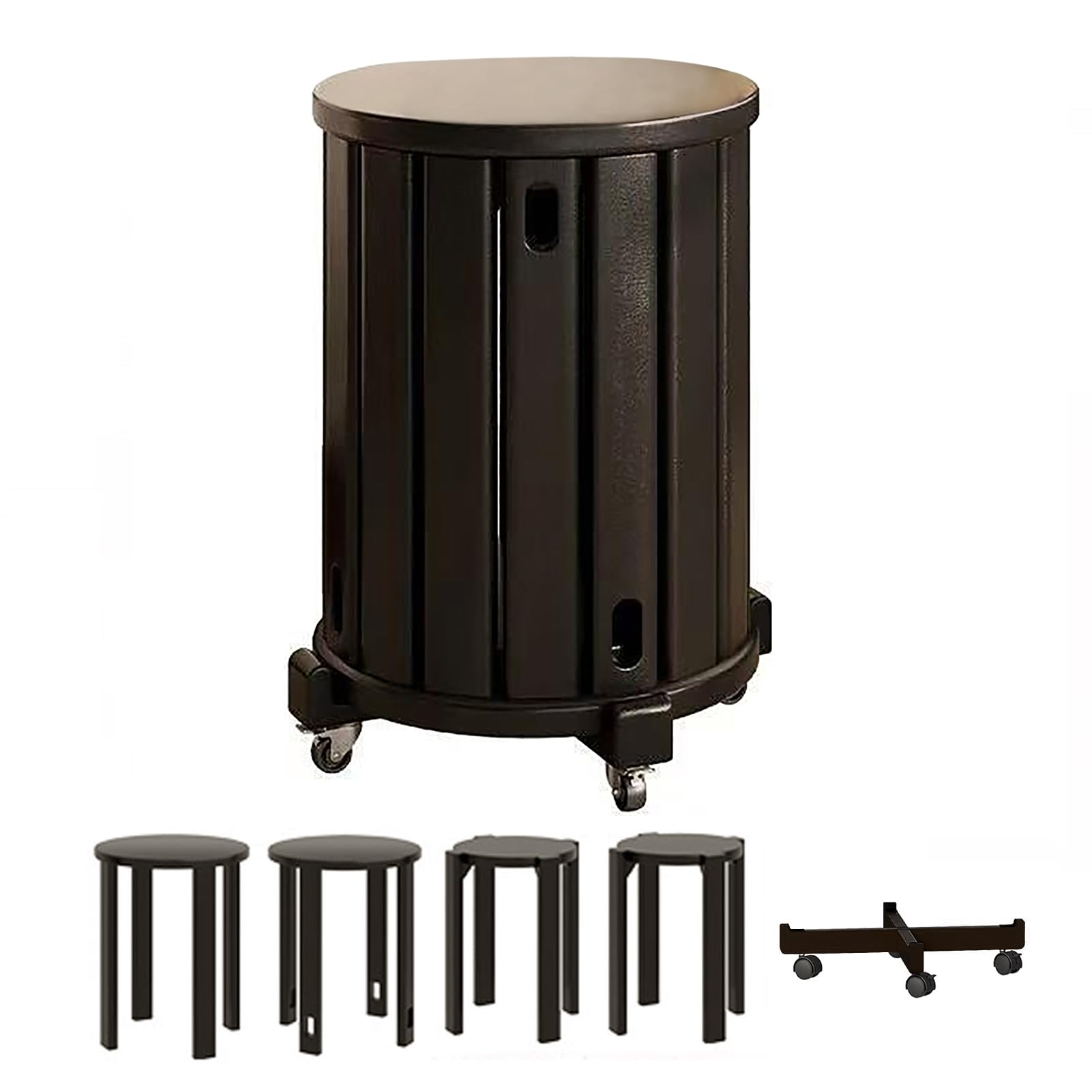 Tabourets ronds empilables à roulettes x4 bois noir pour salon et cuisine