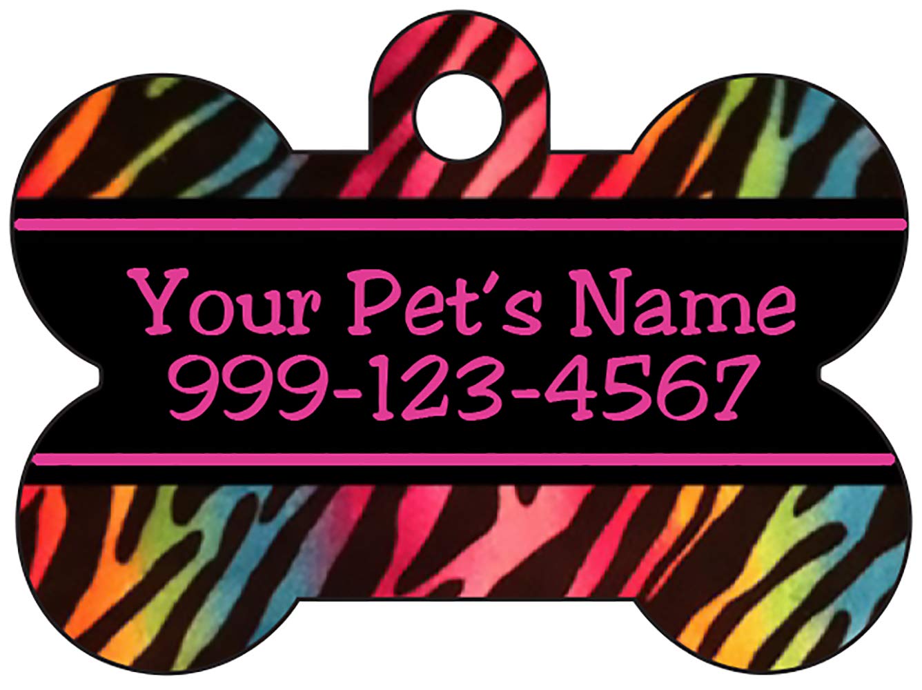 uDesignUSA Animal Print Dog Tag Pet Id Tag Personalized w/Name & Number Zebra Print Dog Bone (Rainbow Pink)