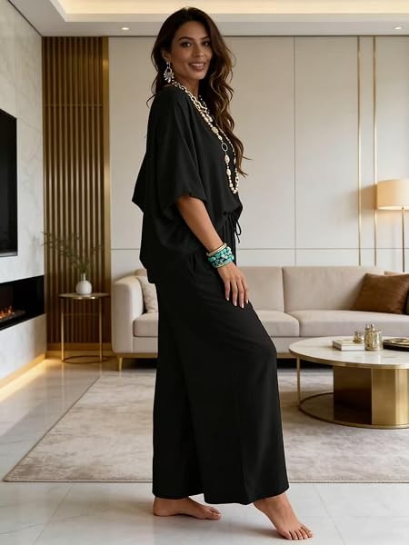 Set da 2 pezzi da donna estivo con scollo a V e maniche a sbuffo, pantaloni a gamba larga, set coordinato per viaggi aeroportuali - 3
