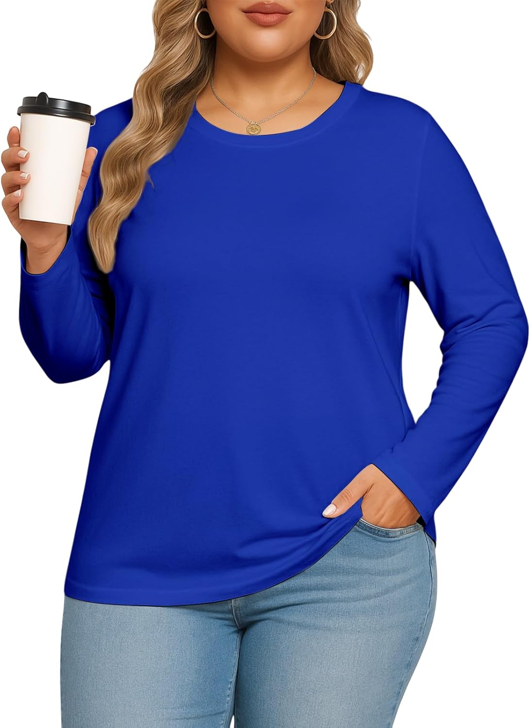L-6XL Womens Plus Size Tops Long Sleeve Crew Neck T Shirts Anti-Wrinkle Soft Lightweight Oversized Basic Tunics