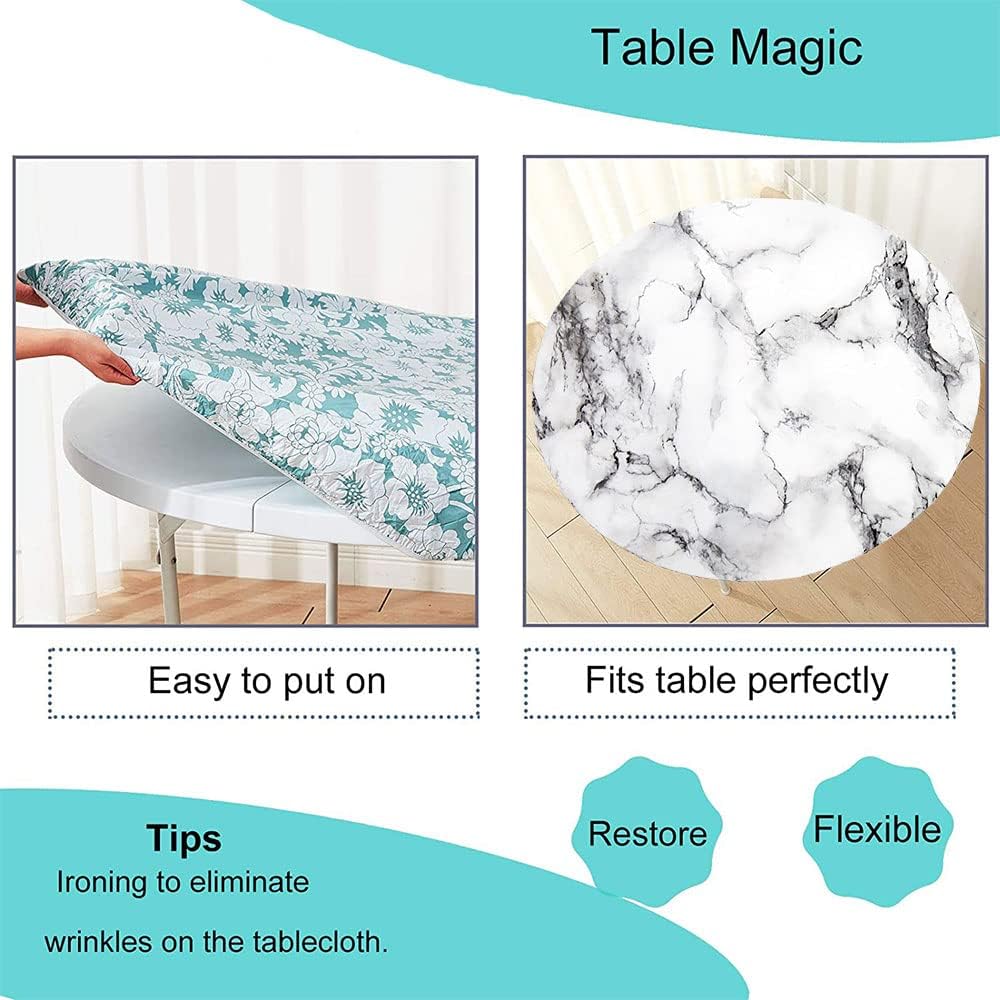 Round Fitted Marble Tablecloth, Vintage Marble Pattern Abstract, Elastic Edge, Water and Oil Resistant wipeable Polyester Fabric, Suitable for Kitchen Party Picnic, Fit for 52" Table,