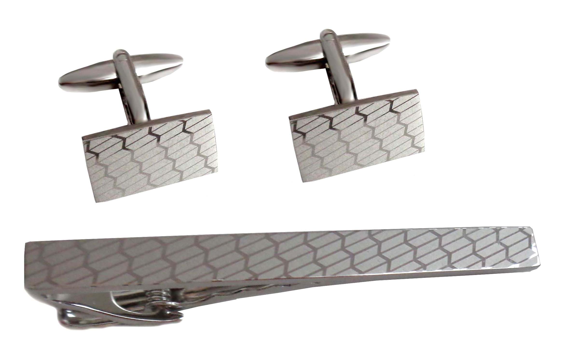 SET Manschettenknöpfe + Krawattennadel silbern satiniert + glänzend 6,2 cm lang inkl. Geschenkboxen