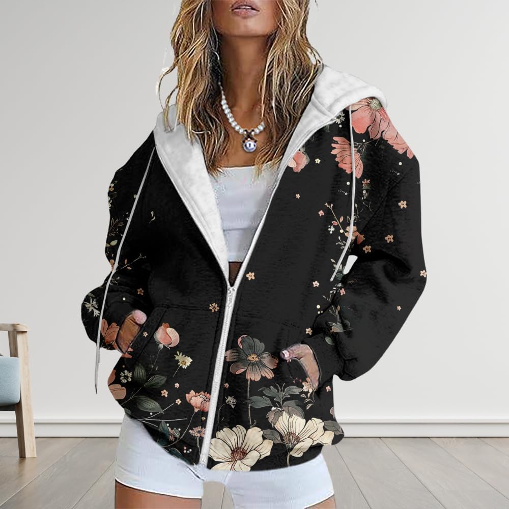 HOTYD Womens Oversized Zip Up Hoodies Floral Print Casual Long Sleeve Graphic Hoodies Plus Size Fall Tops with Front Pocket - Image 2