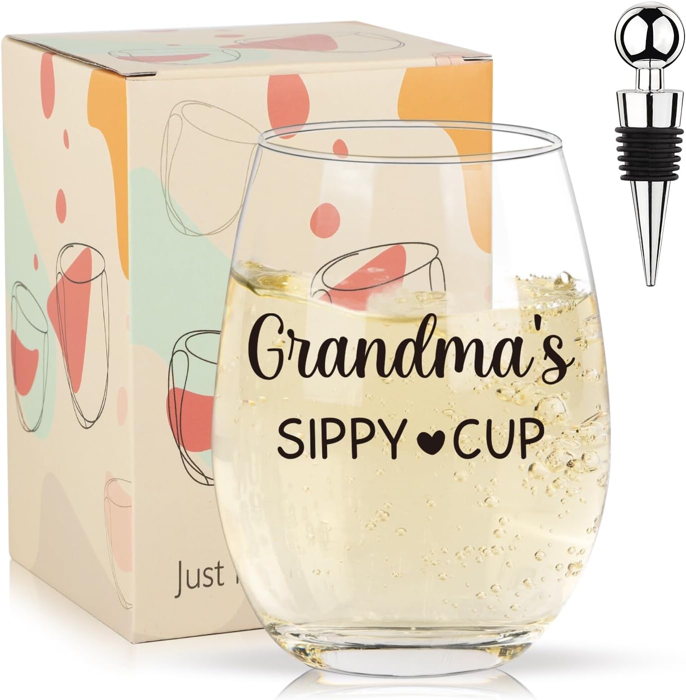 Grandma'S Sippy Cup 16oz Stemless Wine Glass With Metal Wine Bottle Stopper, Mothers Day Gifts For Grandma, Nana, Grandma Mothers Day Gifts From Grandkids, Grandson, Granddaughter, Funny Wine Glasses