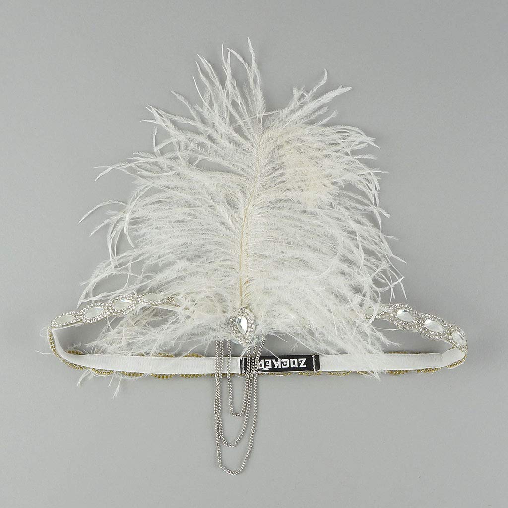 ZUCKER Flapper Headband - Roaring 20's Vintage Style Great Gatsby Costume Accessory (White and Silver)
