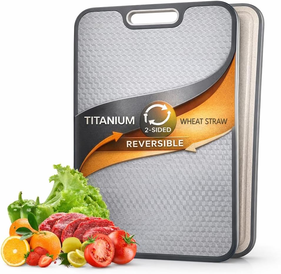 2 in 1 Titanium Cutting Board for Kitchen – Large 16" x 11"- 100% Pure Titanium & Wheat Straw PP Double Sided Chopping Board - Hygienic, Non-Toxic, Food grade, Non Slip, Textured Surface