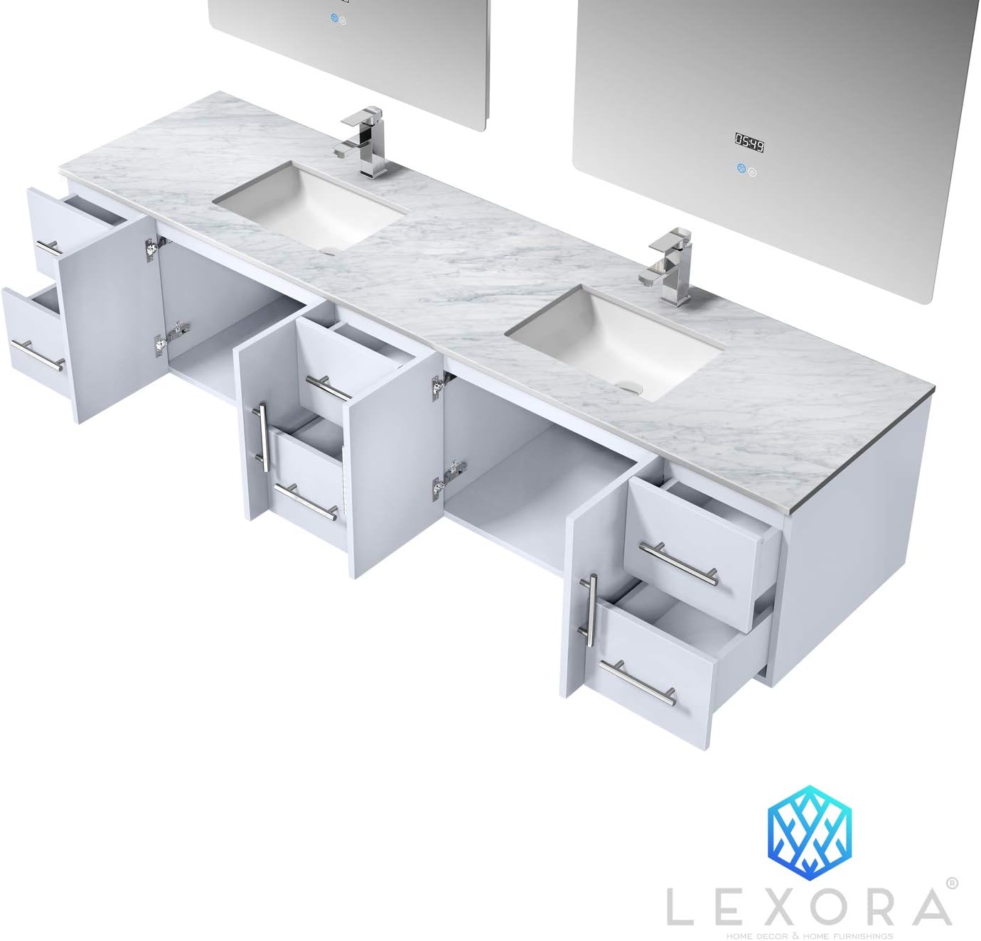 Geneva 84 in. W x 22 in. D Glossy White Double Bath Vanity, Carrara Marble Top, Faucet Set and 36 in. LED Mirrors