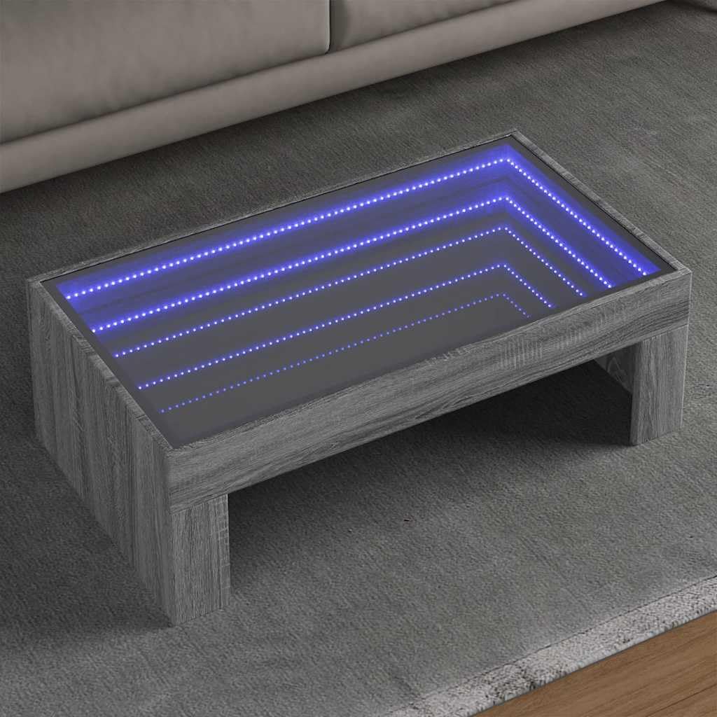 Table basse avec LED salon contemporain meuble gris Sonoma 90 cm et verre pour soirée cinéma