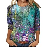 TURWXGSO Langarmshirt Damen Elegante Blumenmuster Retro Freizeit Oberteile Rundhals Leicht Langarm T-Shirt Frühling Herbst Vintage Lose Top Frauen Dünne Tunika Bluse Streetwear
