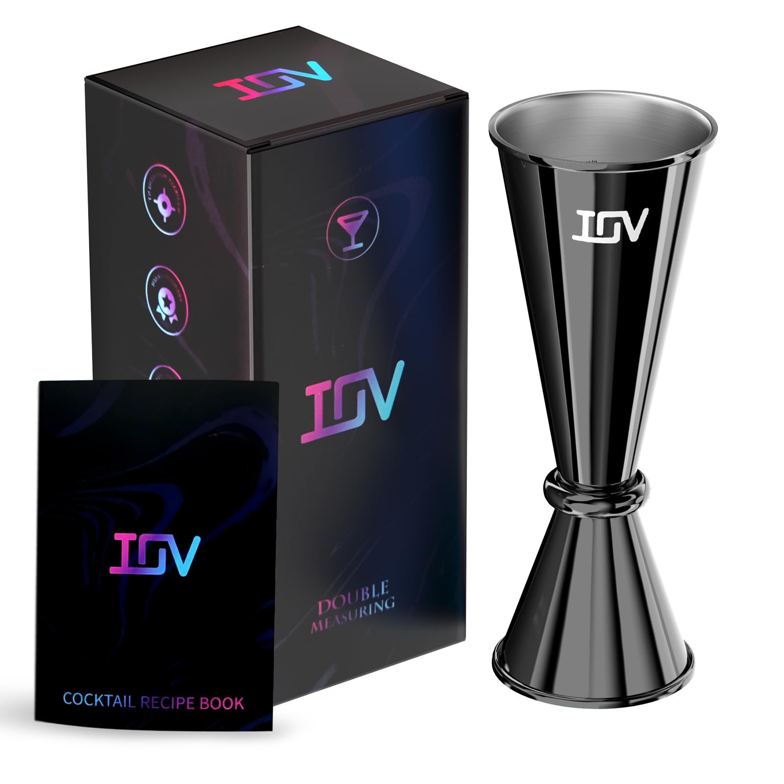 IOV Jigger per Bartending, doppio Jigger professionale da cocktail con libretto di ricette, jigger giapponese in acciaio inox 18/8 di alta qualità da 56,7 g 28,3 g con dimensioni interne per cocktail
