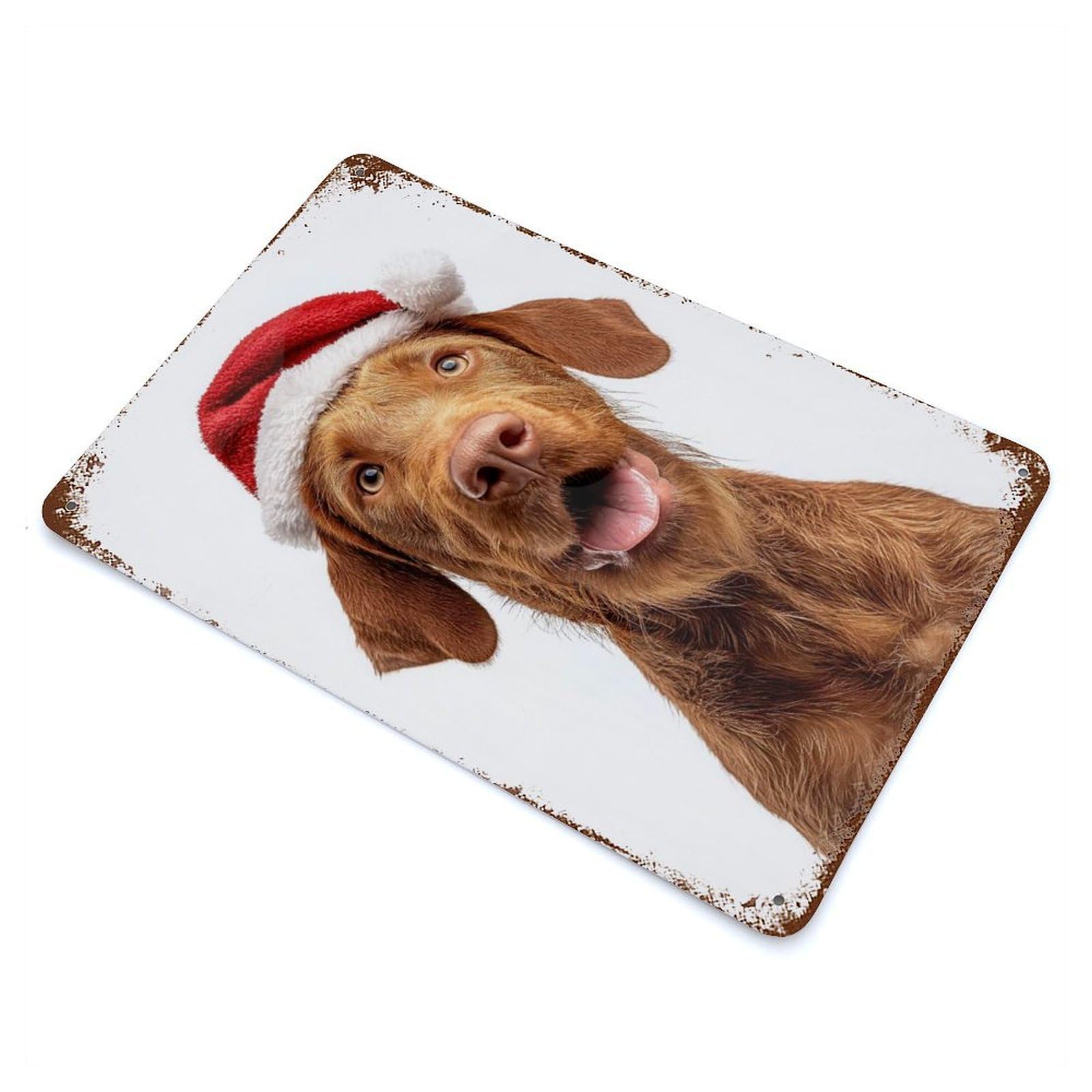 Distressed Metal Wall Sign with Wirehaired Vizsla Dog with Santa Hat Design 11.8"x7.9", for Living Room, Hallway And Home Decor, Vintage Wall Decor