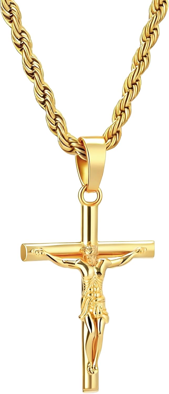 Mens Cross Necklace - Gold/Silver Chain, 18K Gold Plated Crucifix Pendant, Jewelry Gift for Him