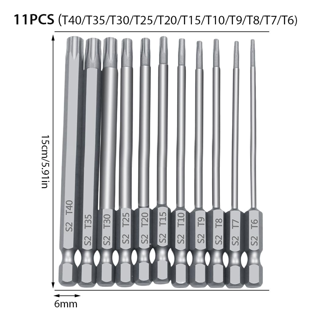 Lot de 11 embouts de tournevis à poignée hexagonale - Outils de vissage en alliage d'acier Torx - Travail du bois - Haute précision - 150 mm
