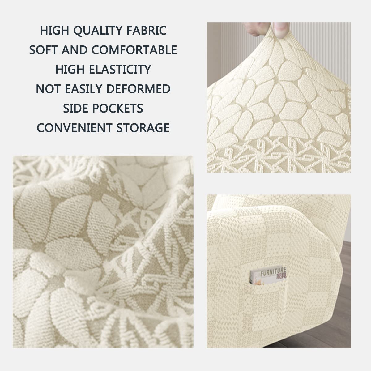 YOPOIY Copripoltrona Relax Reclinabile 4 pezzi elasticizzati Fodera poltrona 1 posto Coprisedile Poltrona Protettore aderente morbido con fondo elastico Ultimo motivo jacquard -Beige