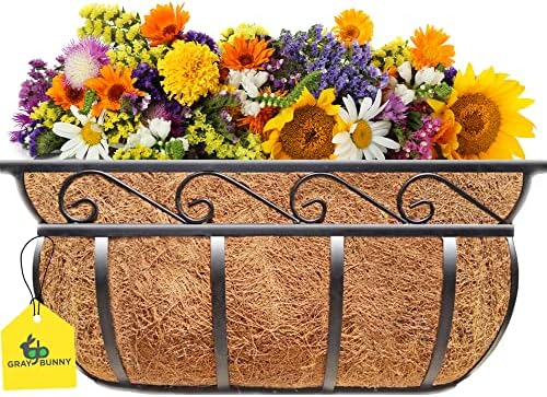 18” Deck Railing Planter with Coco Liner - English Horse Trough Extra Deep Planter for Outdoor Deck Balcony Porch Patio Rail Fence, Window Box Flower Planter