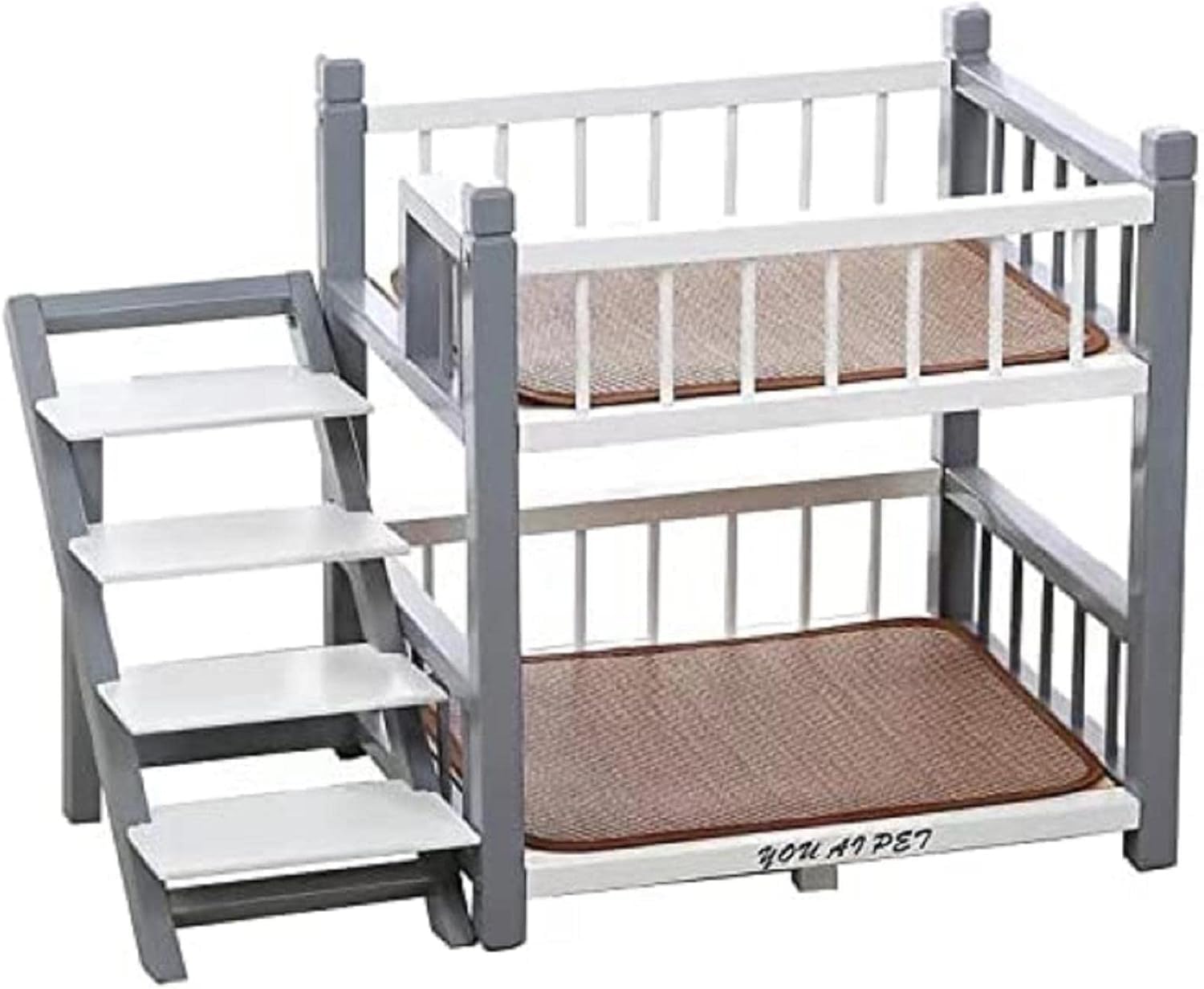 Etagenbett für kleine Hunde und mittelgroße Haustiere, doppellagiger Holzrahmen, Haustierbett mit erhöhter Sitzstange, für Hunde und Katzen, perfekt für kleine und mittelgroße Hunde, Grau, Größe L