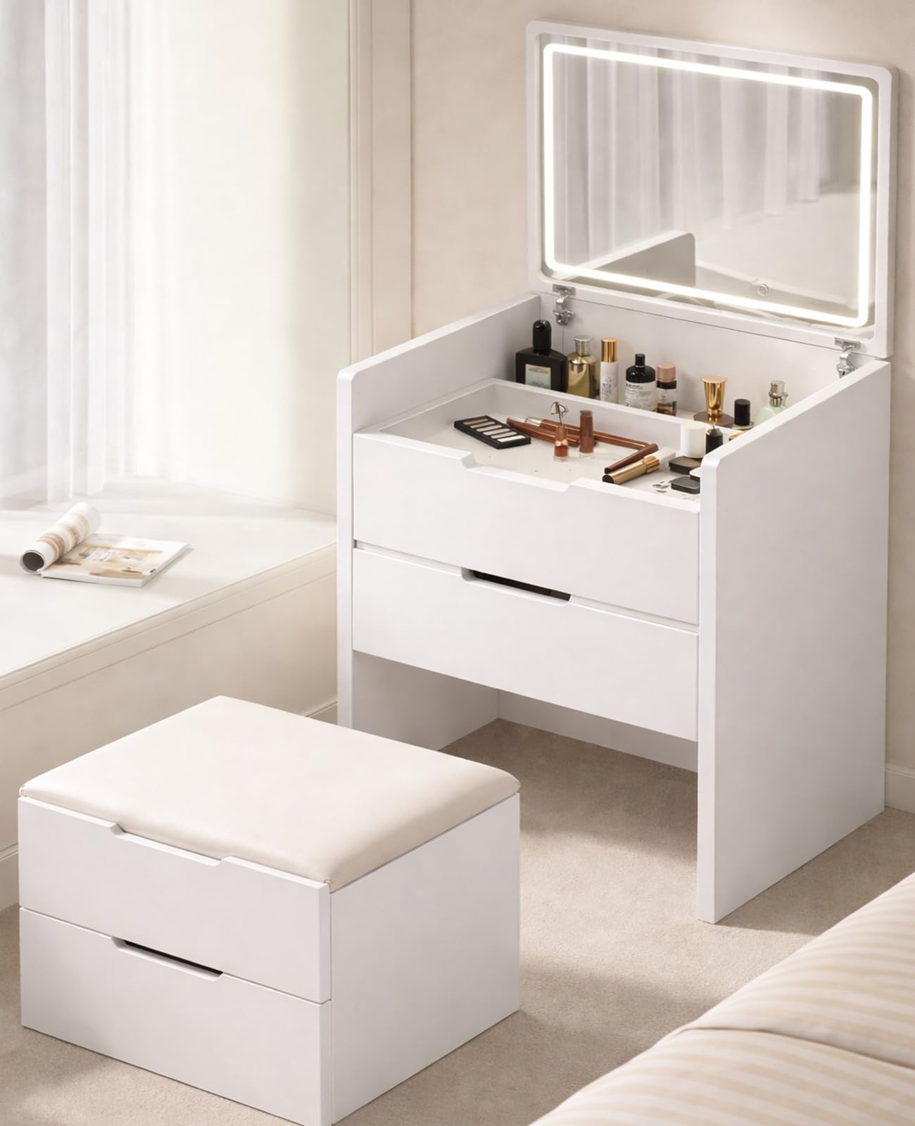 24" Makeup Vanity Desk with Flip Top Mirror and Light, 3 In 1 Compact Vanity with Hidden Stool Chair, Modern Dressing Table with Sliding Glass Top,