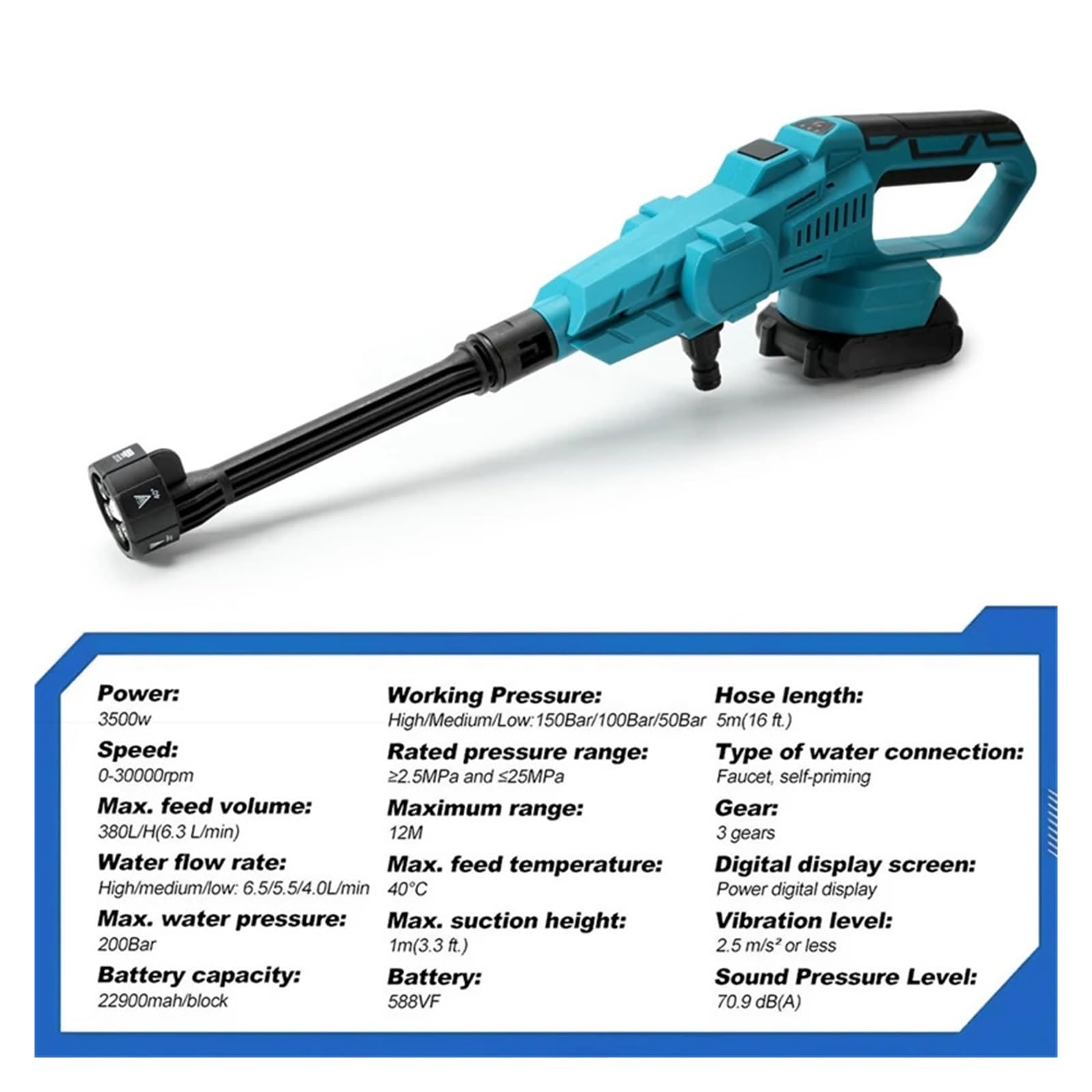 Lavadora Eléctrica De Alta Presión Sin Escobillas, 3500W, 200bar, 3 Engranajes, Pistola Agua For Lavado Coches, Herramienta Riego Jardín For Batería 18V Potente Chorro A PresióN