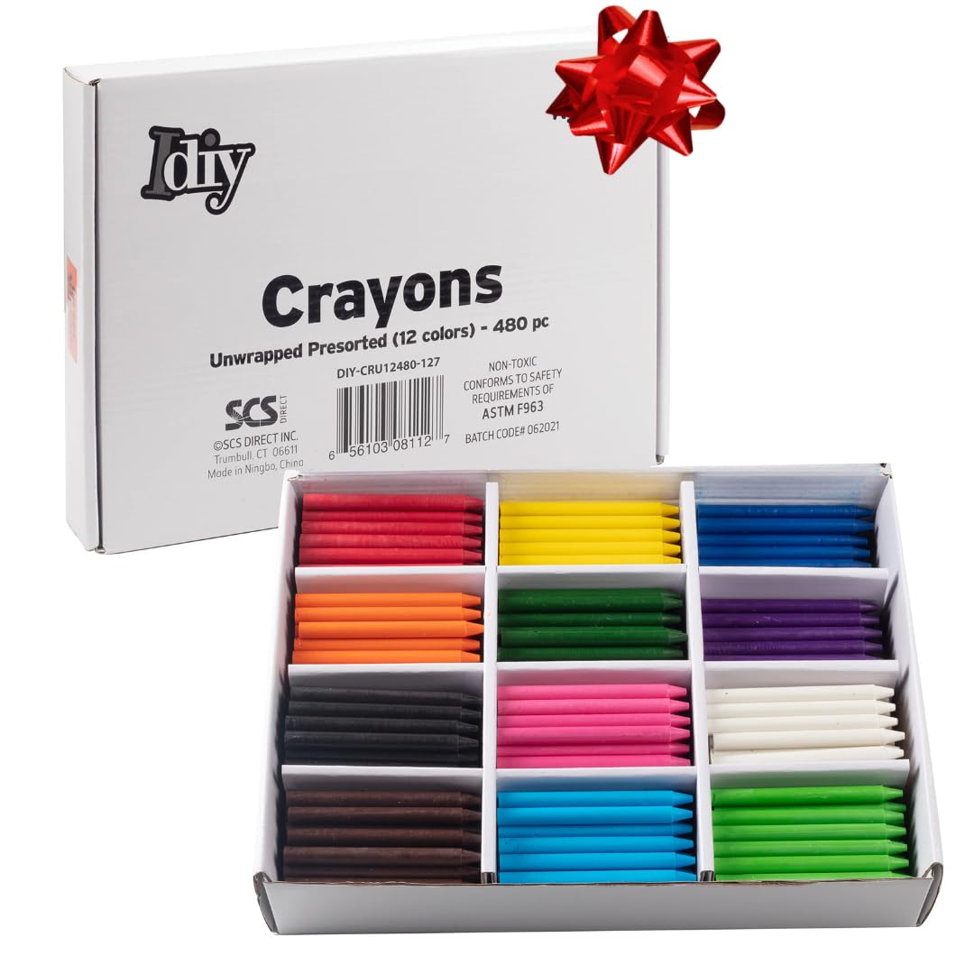 IDIY Unwrapped Bulk Wax Crayons 480 Count- 12 Colors (40 Each) Pre-sorted, Paperless, ASTM Safety Tested for Kids, Teachers, Classroom Art Supplies, Non-Toxic Xmas Stocking Stuffers, Holiday Gift Set