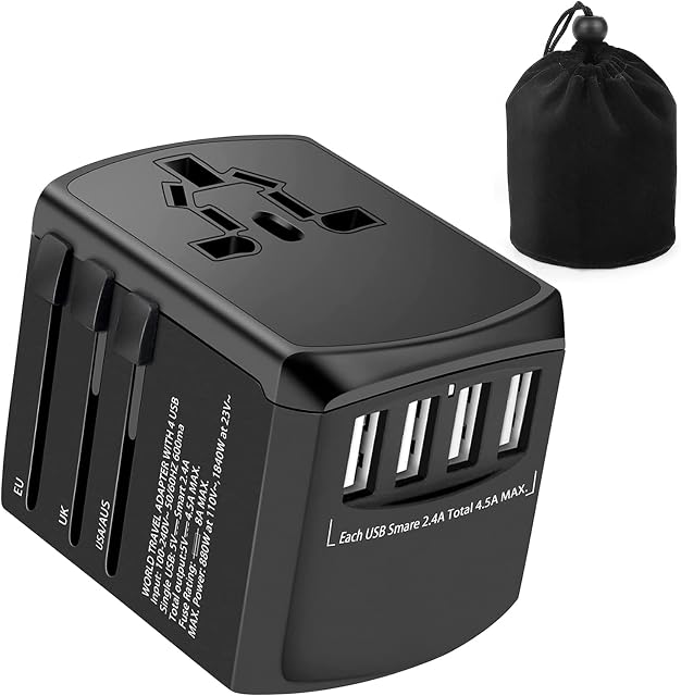 Travel Plug Adapter Worldwide Travel Adapter All In One , 1840W Universal Travel Adapter with 4 USB Ports + AC Socket for Multiple Devices, International Travel Adapter for UK EU US AU 224+ Countries