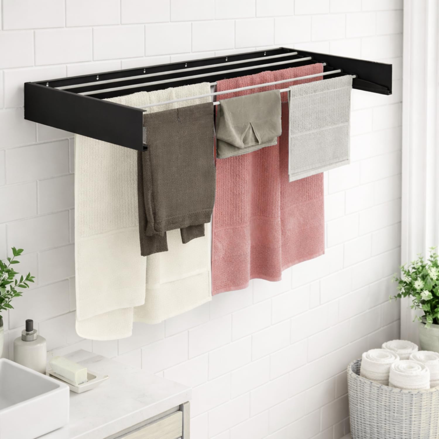 Stendibiancheria da Parete in Ferro Retrattile Pieghevole Stendino da Balcone a Scomparsa da Muro Stendipanni Interno Esterno 80x40x10 cm Salvaspazio 5 Barre in Alluminio Kit Montaggio Incluso