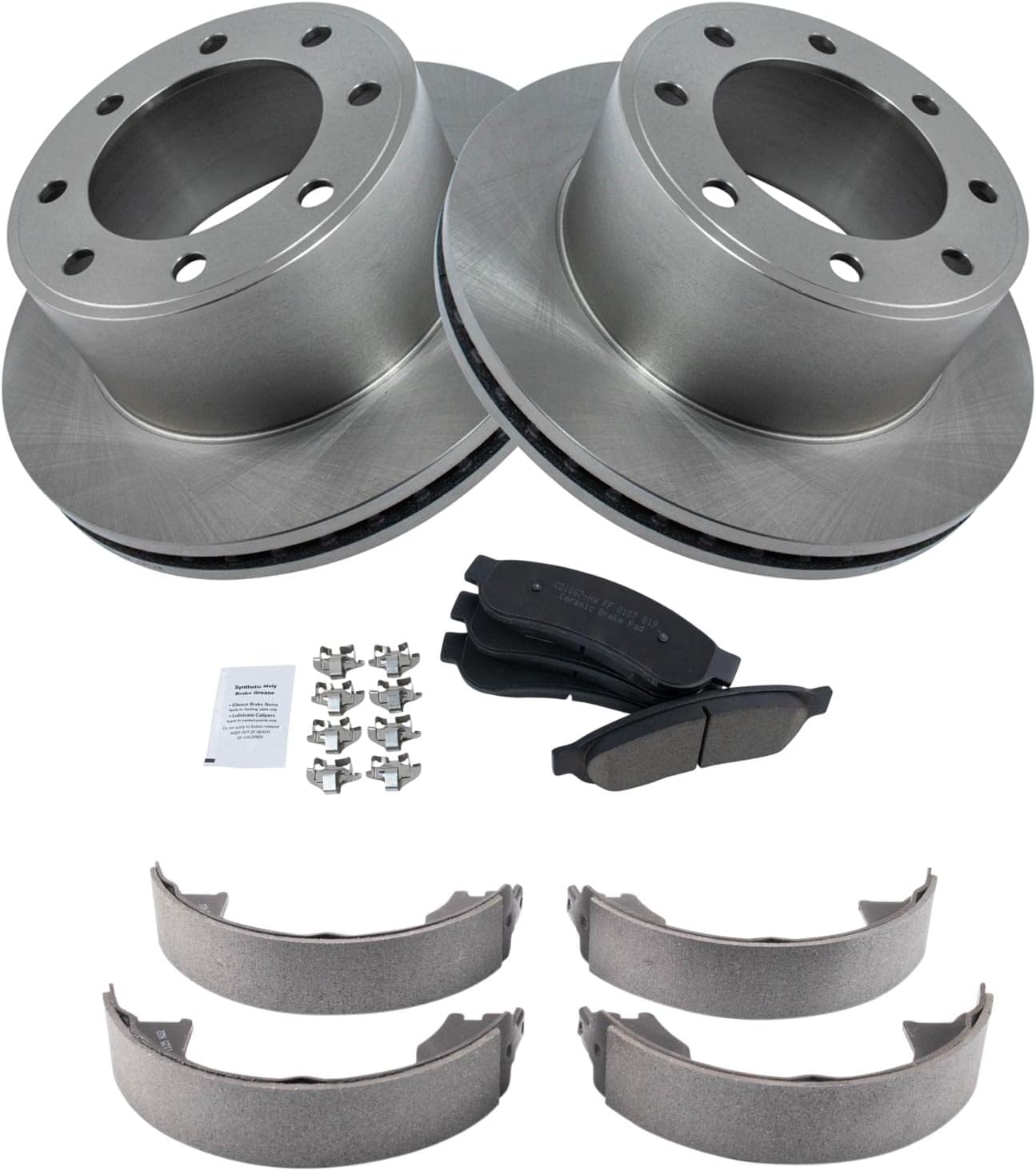 TRQ Rear Brake Pad & Rotor Kit Brake Pads Brake Rotor Parking Brake Shoe Set Ceramic Compatible with 2008-2010 Ford F-250 Super Duty 2005-2012 F-350 Super Duty