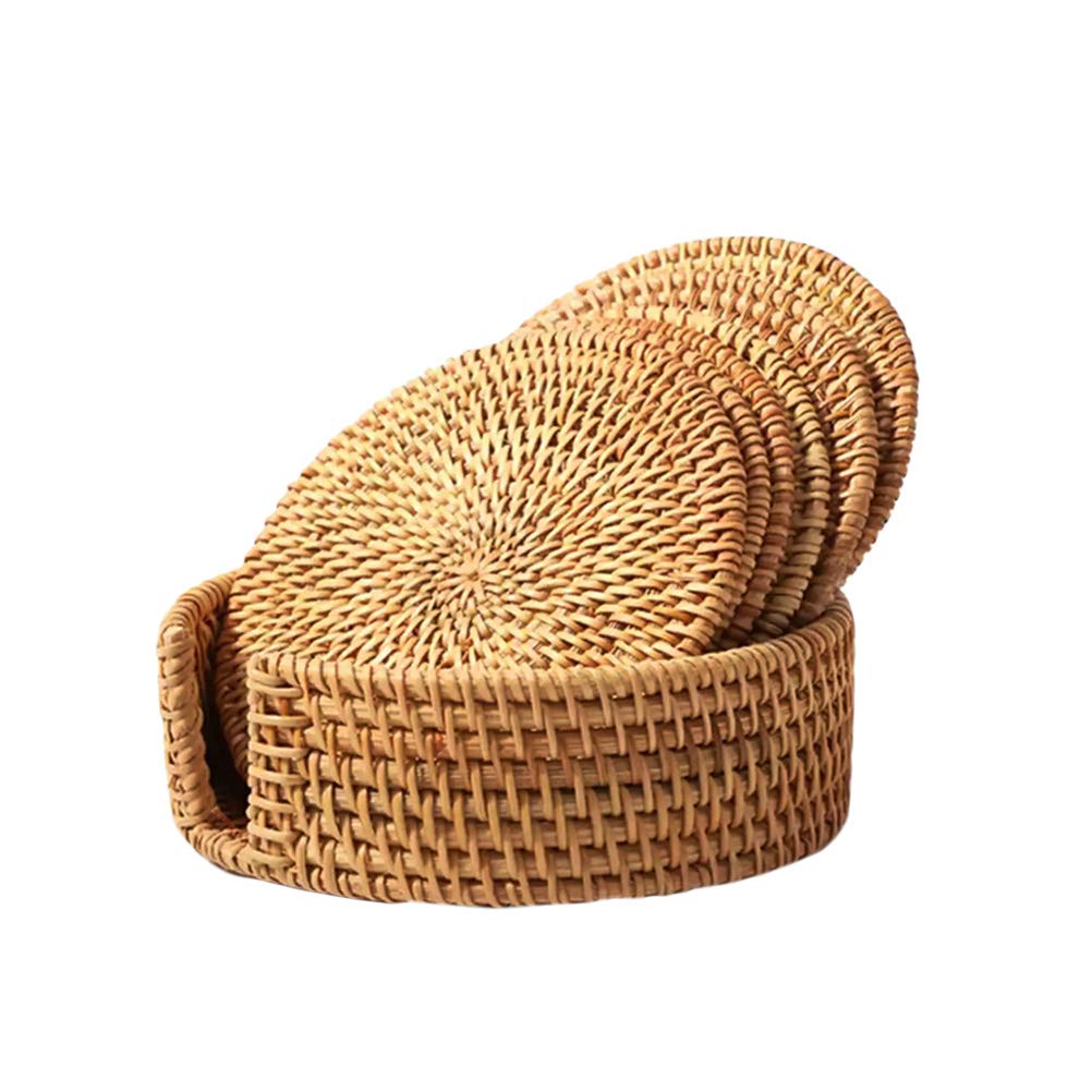 BESTonZON 13 CM Round Natural Rattan Heat Resistant Mats Hot Dishes-Insulated Hot Pads Durable Pot holder for Table Pots Pans & Teapots(Vertical Coaster Set)
