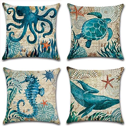 ULOVE LOVE YOURSELF Mediterranean Style Throw Pillow Case Sea Theme Decorative Square Cotton Linen Coastal Cushion Cover for 18 X 18 Inch Pillow Inserts, 4Pack Nautical Pillow Covers