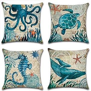 ULOVE LOVE YOURSELF Mediterranean Style Throw Pillow Case Sea Theme Decorative Square Cotton Linen Coastal Cushion Cover for 18 X 18 Inch Pillow Inserts, 4Pack Nautical Pillow Covers