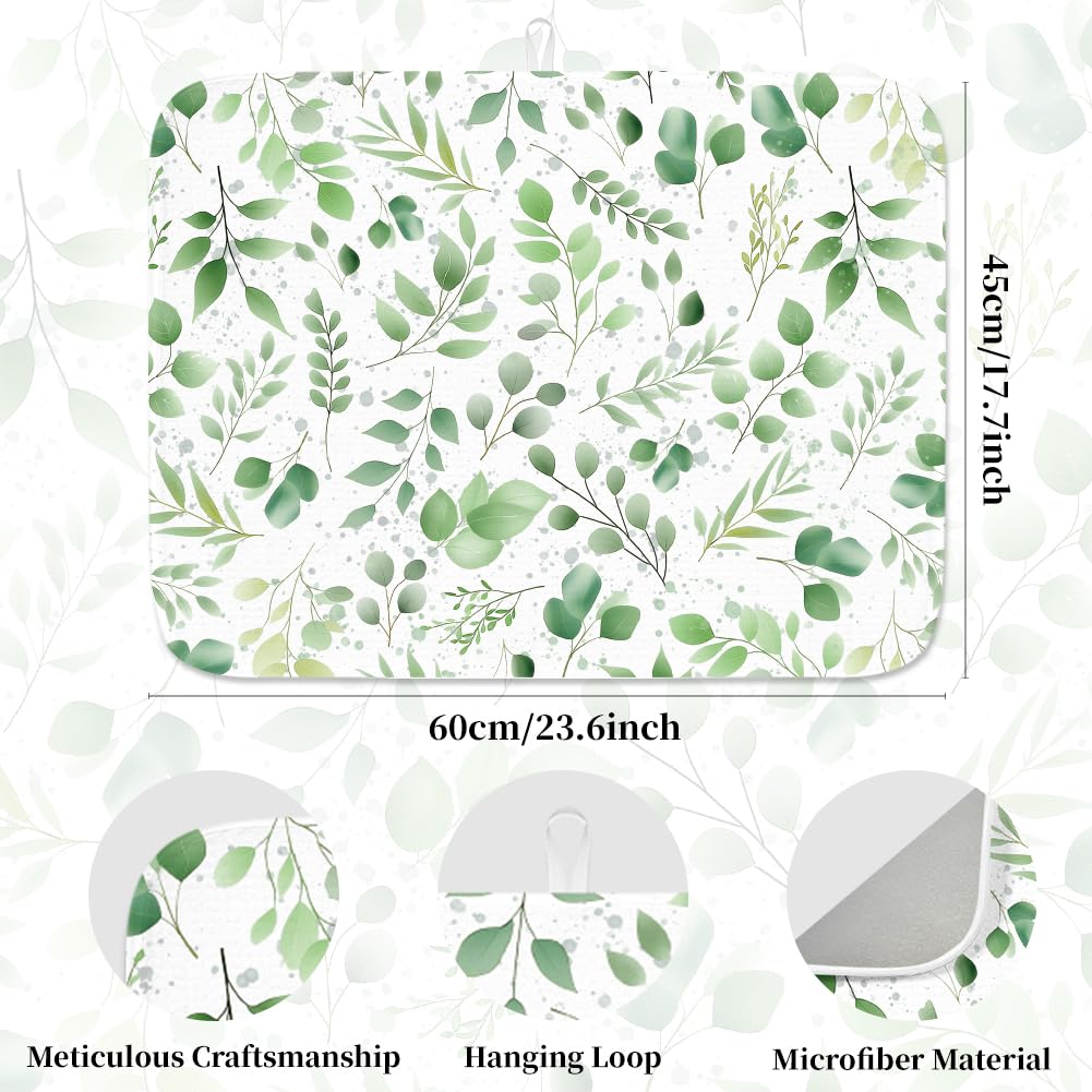 INFUNLY Green Leaf Dish Drying Mat for Kitchen Counter 18"X24" Plant Leave Absorbent Dish Draining Mat Large Modern Heat Resistant Coffee Bar Mat for Table Faucet Sink Coffee Bar Refrigerator - Image 2